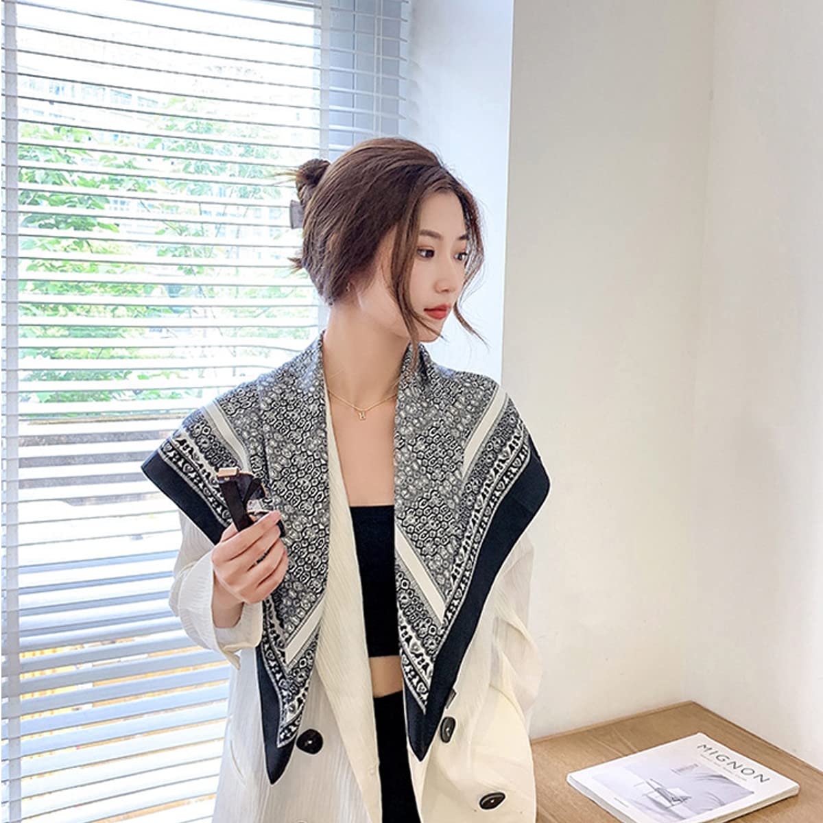 PALAY Scarf for Women Square Scarfs Satin Silk-Like Hair Scarves Wraps Headscarf (Black - B) PALAY Scarf for Women Square Scarfs Satin Silk-Like Hair Scarves Wraps Headscarf (Black - B)